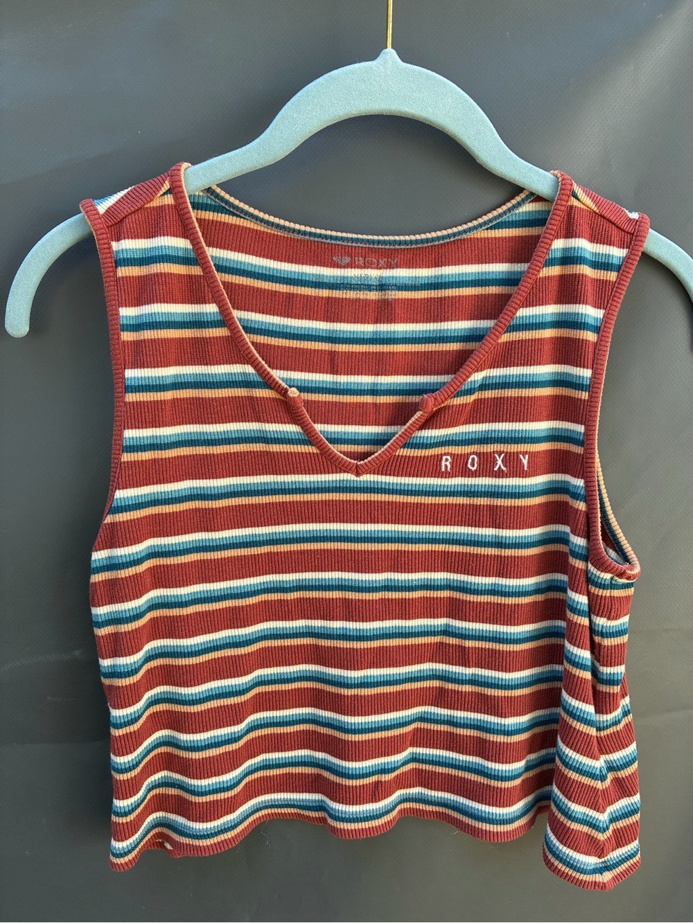 Women's Roxy Striped Ribbed Tank Top M Rust Teal retro